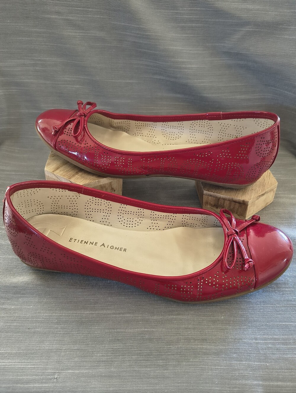 Etienne Aigner Red Patent Leather Logo Perforated Ballet Flats Women's 9 Shoes